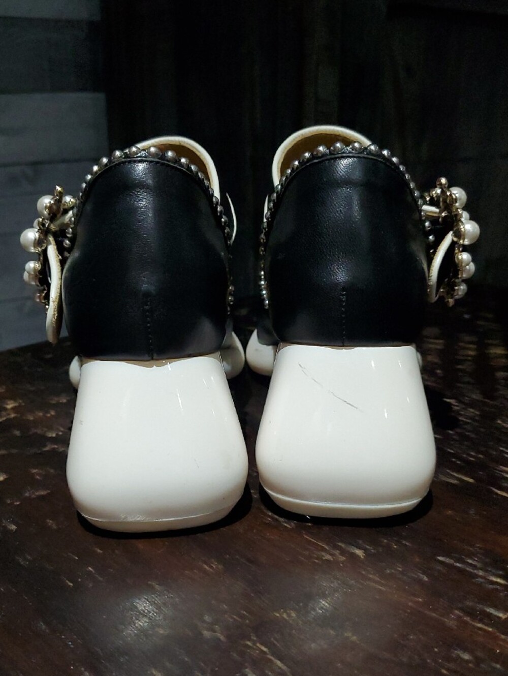 John Fluevog Black White Pearl-Embellished Leather Heels W Studs Platform Chunky - Picture 8 of 15